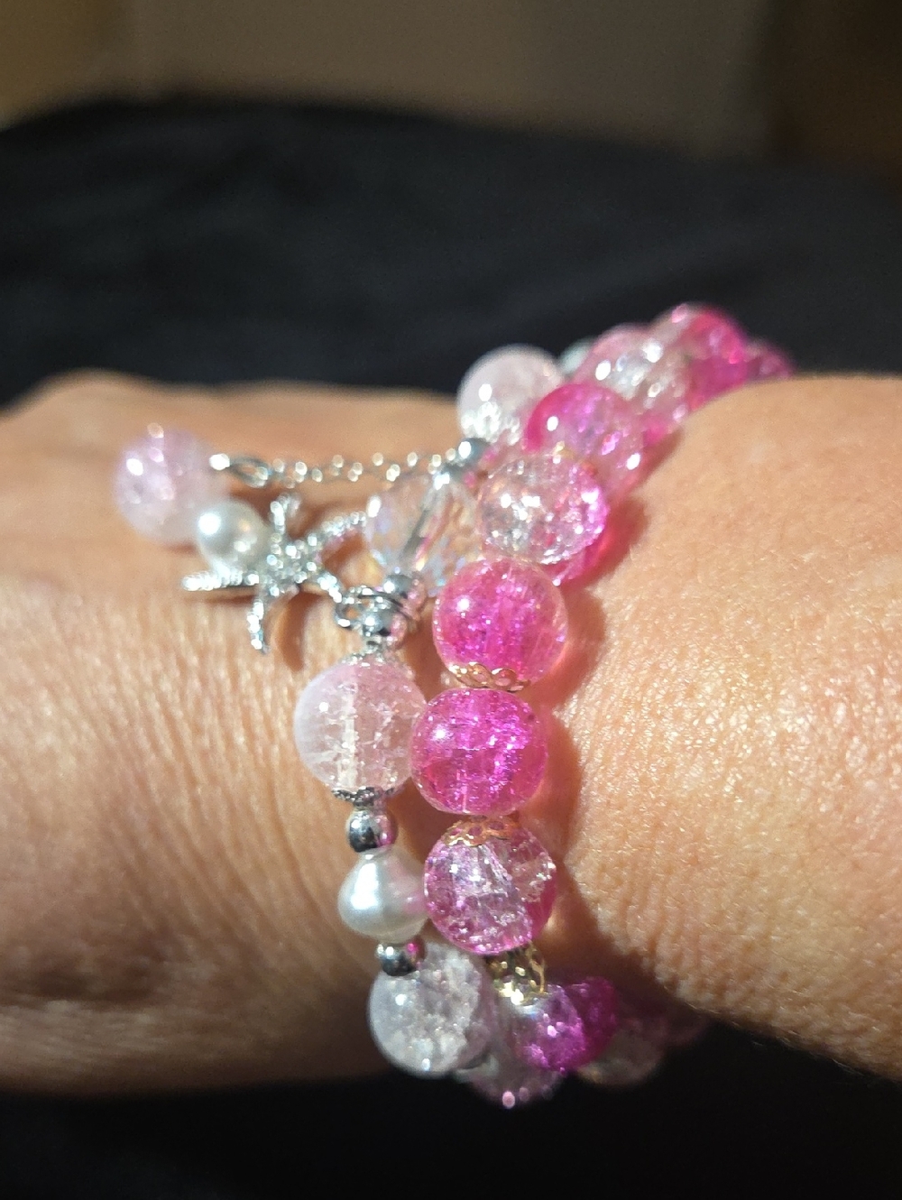 2- Pink Crackle Glass Beaded Bracelet Stack